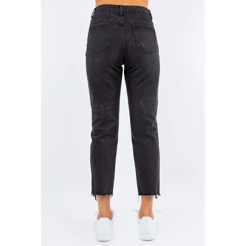 High-Waist Distressed Cropped Straight Jeans