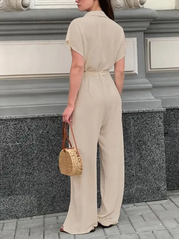 Chest Pocket Short Sleeve Wide Leg Shorts