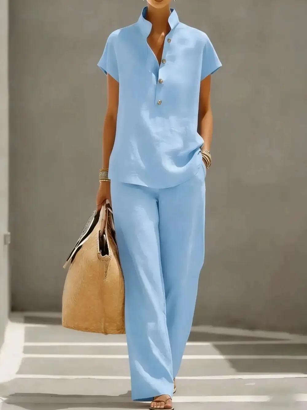 Women's Summer Solid Color Linen Cotton Short Sleeve + Long Pants Set