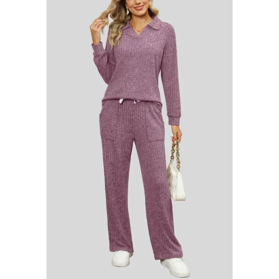 Ribbed Long Sleeve Top and Pocketed Pants Set