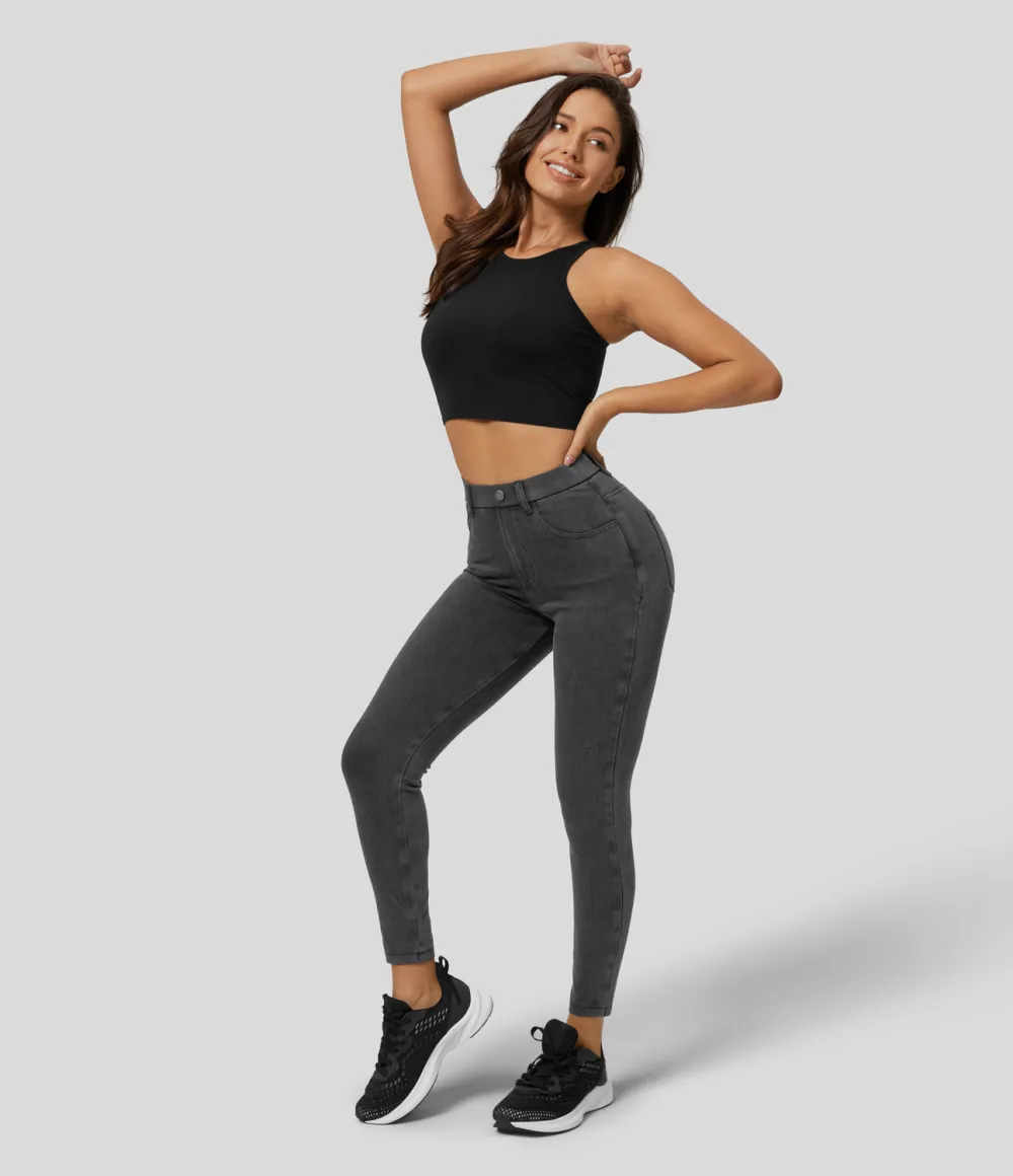 Magic High Waisted Multiple Pockets Stretchy Knit Denim Work Leggings
