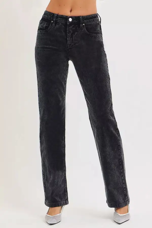 Straight Leg Mid Rise Corduroy Pocketed Pants
