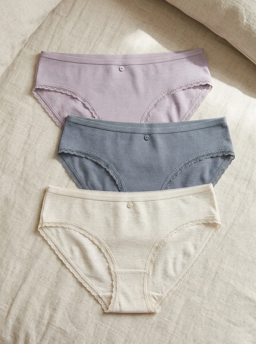 Women's Ribbed Lace Trim Button Detail Cotton Panties Set