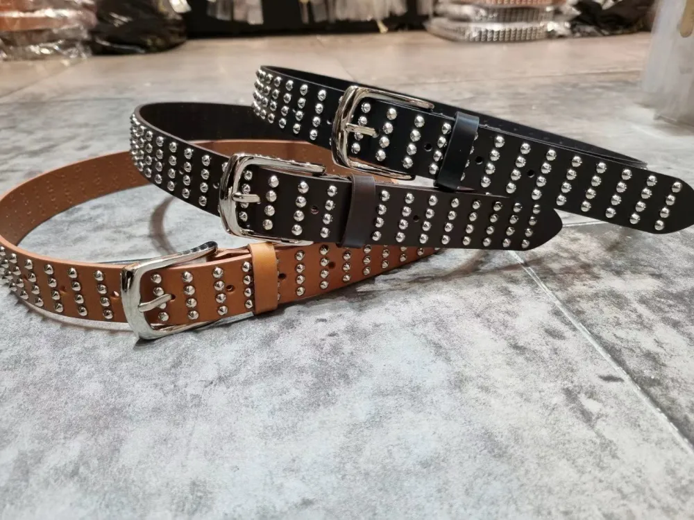 Studded Buckle Genuine Leather Belt
