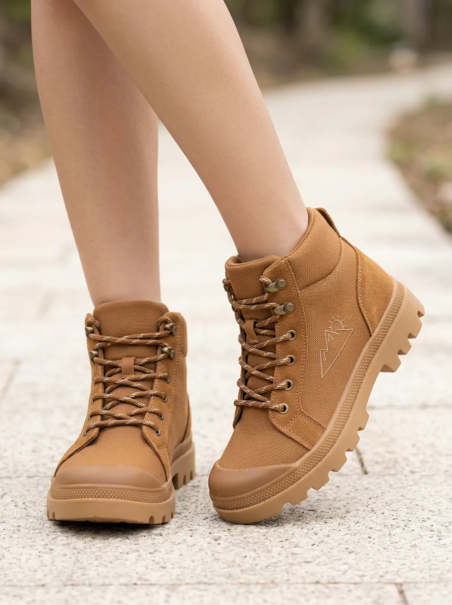 Mountain-Sun Mountain-Motif Canvas Hiking Boots