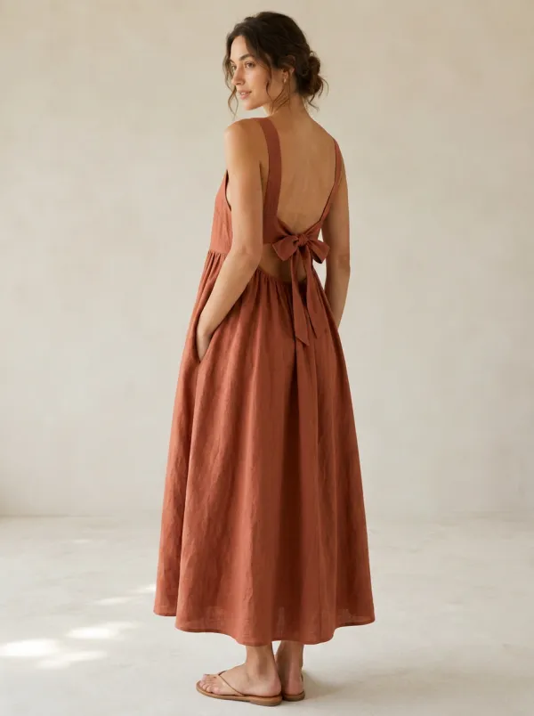 Women's Casual Bow-Back Linen Midi Backless Dress
