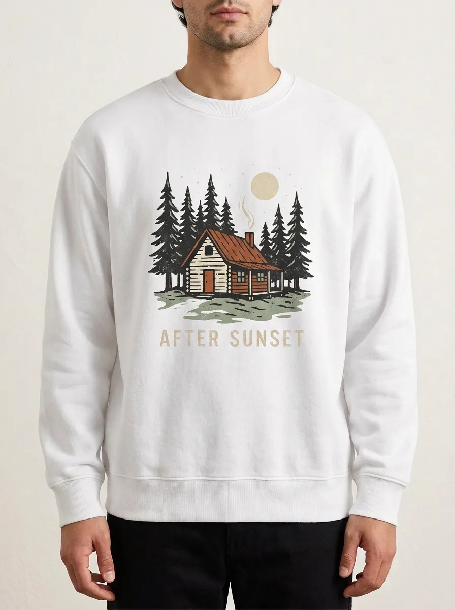 Men's Nature Lover Cabin Forest After Sunset Printed Sweatshirt