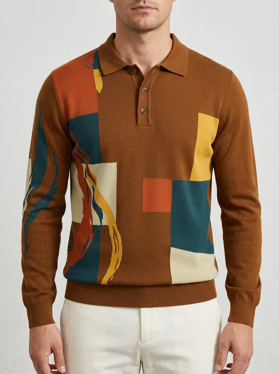 Men's Abstract Geometric Pattern Printed Long Sleeve Polo Shirt Relaxed Design