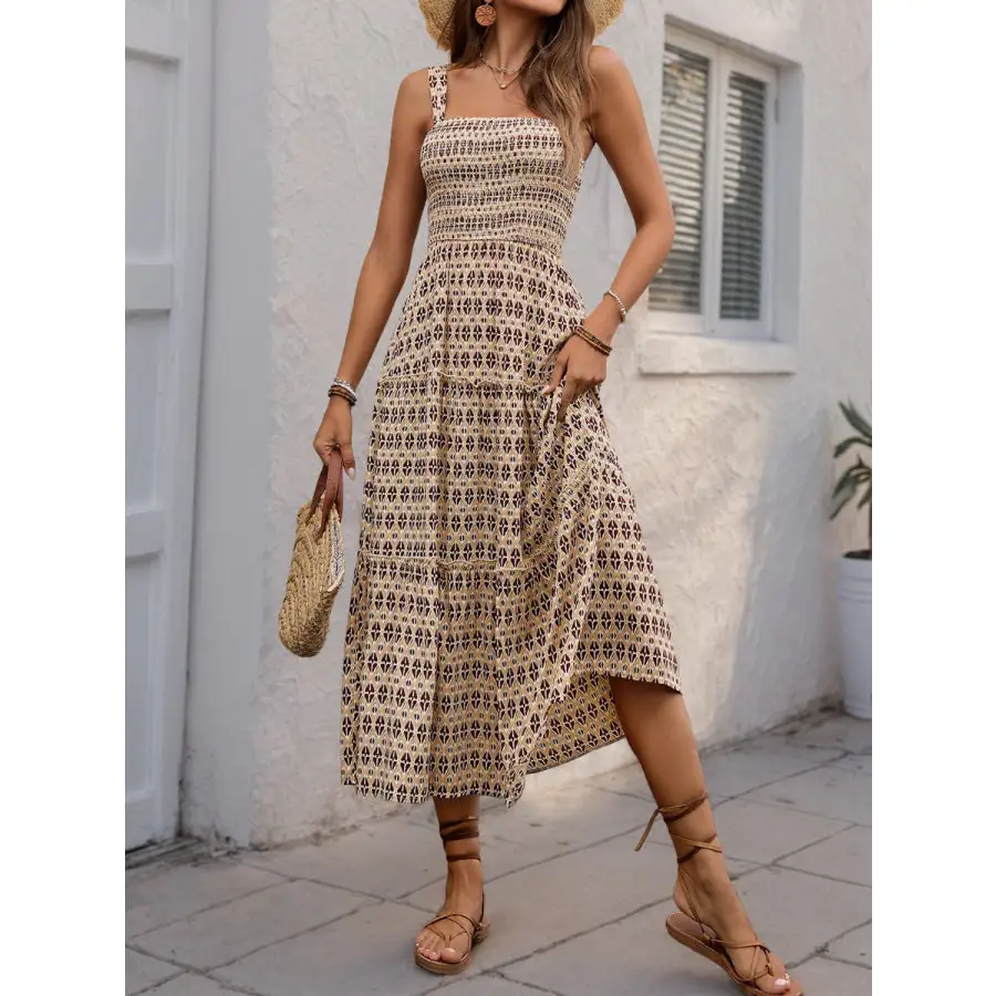 Printed Tiered Wide Strap Midi Dress