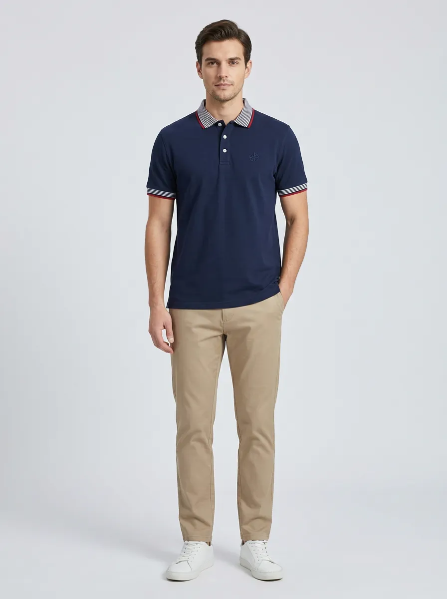 Men's Navy Blue Striped Collar Embroidered Polo Shirt