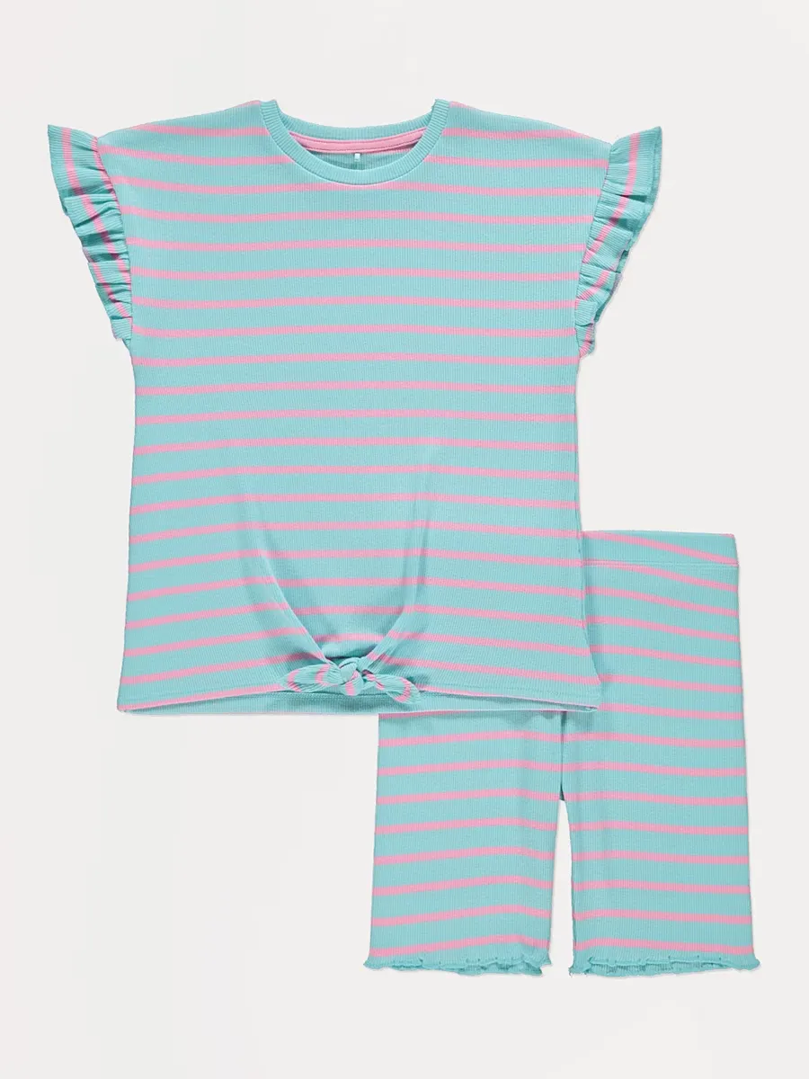 Blue Stripe Tie Waist Top and Shorts Set