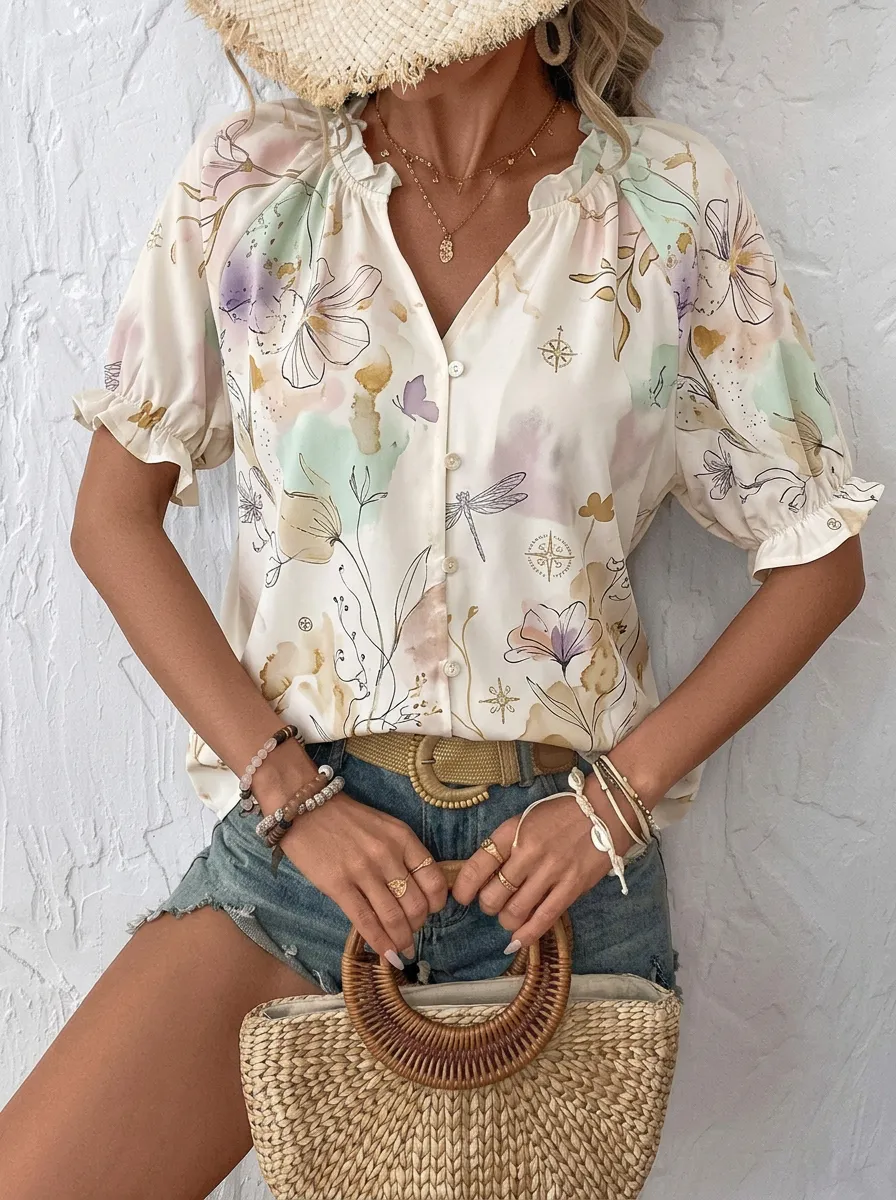 Women's Boho Floral Dragonfly Watercolor Printed Button-Up Blouse