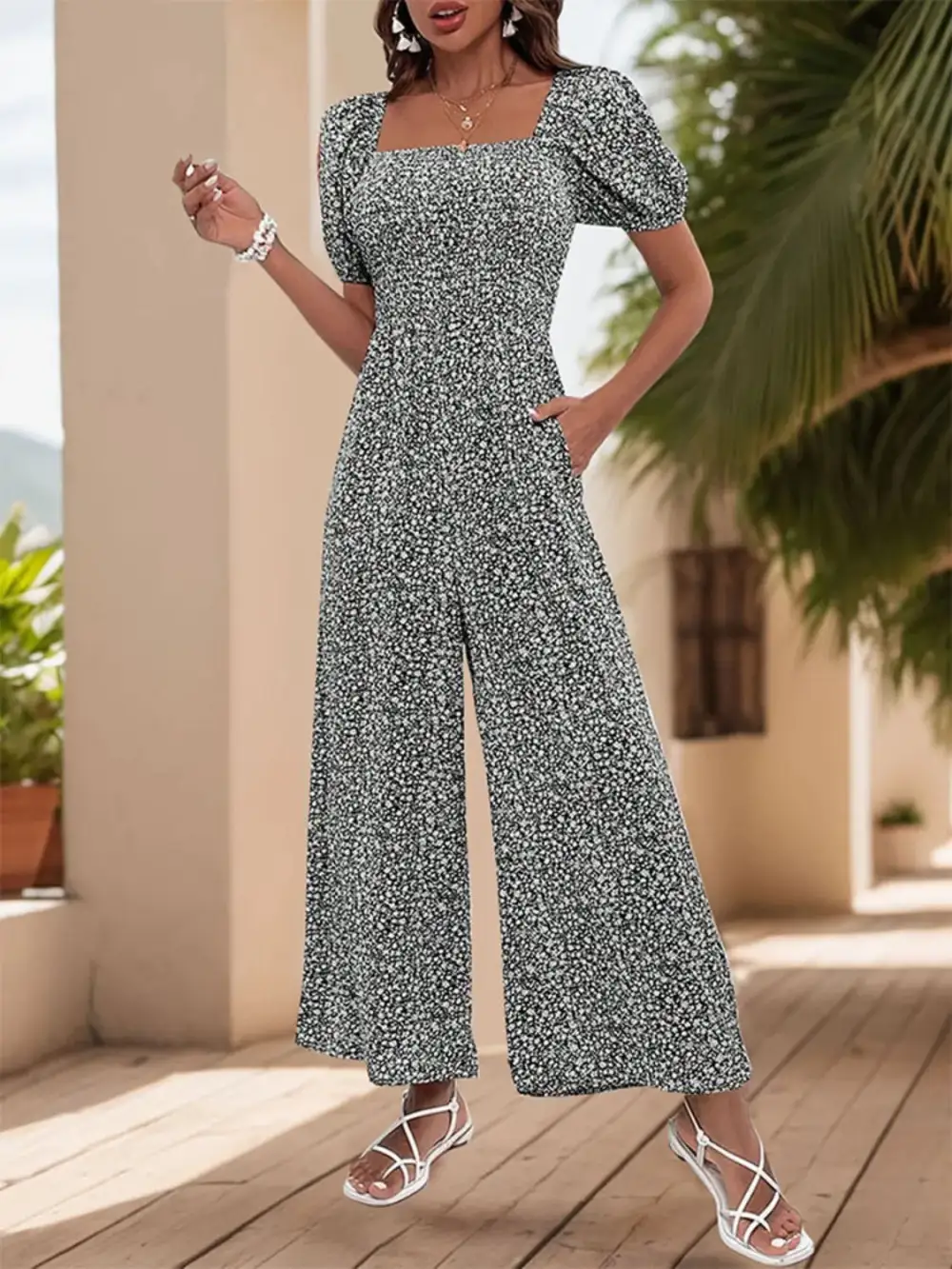 Printed Square Neck Puff Sleeve Everyday Jumpsuit