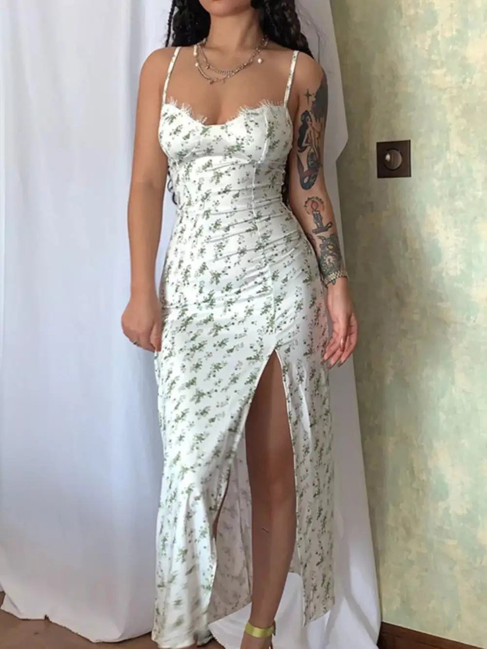Lace Trim Slit Midi Dress