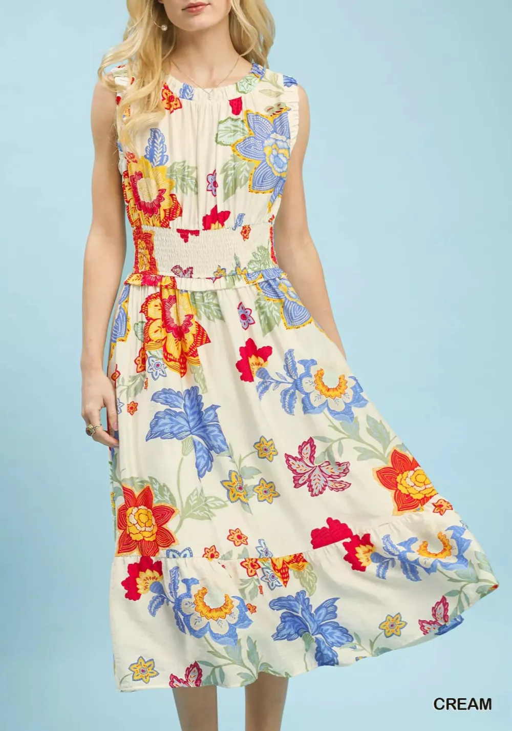 Modern Floral Print Tiered Smocked Midi Dress