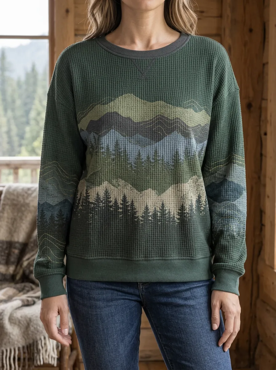 Women's Nature Lover Mountain Forest Waffle Knit Crewneck Sweatshirt