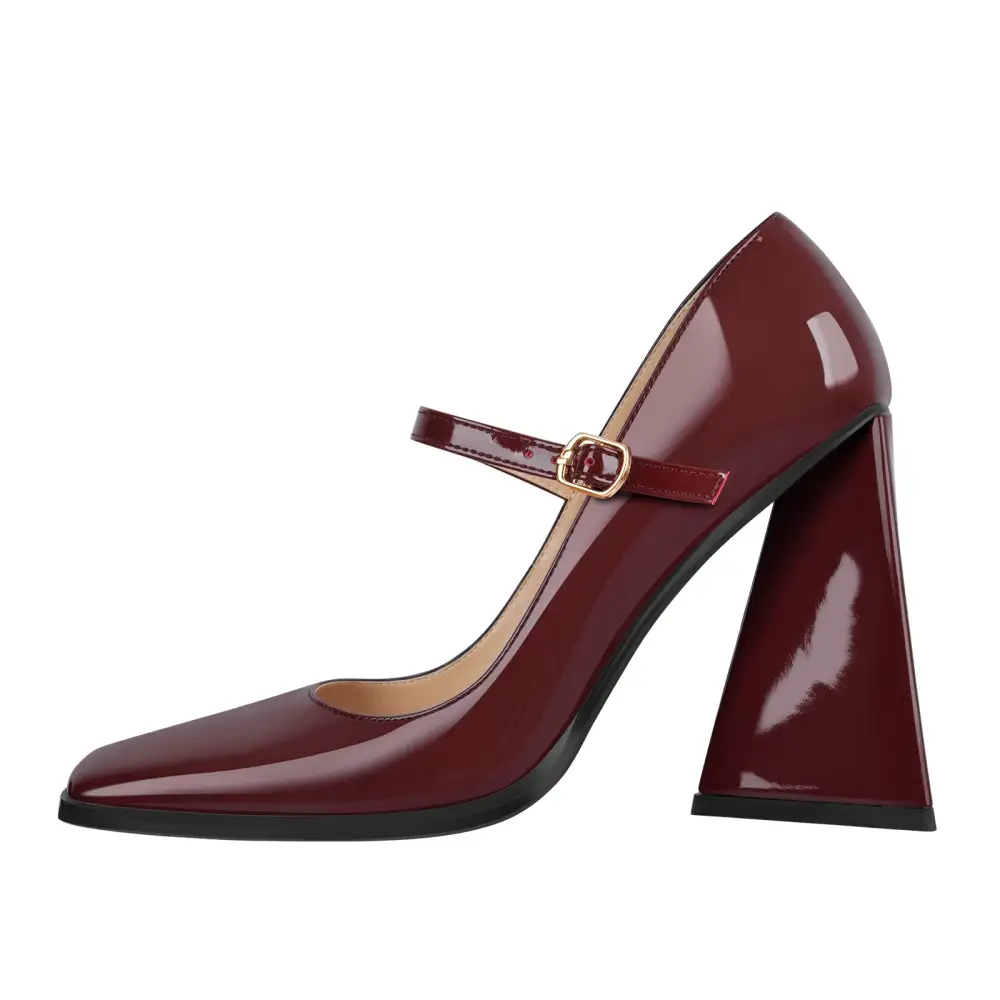 Patent Finish Square Toe Chunky Heel Pumps