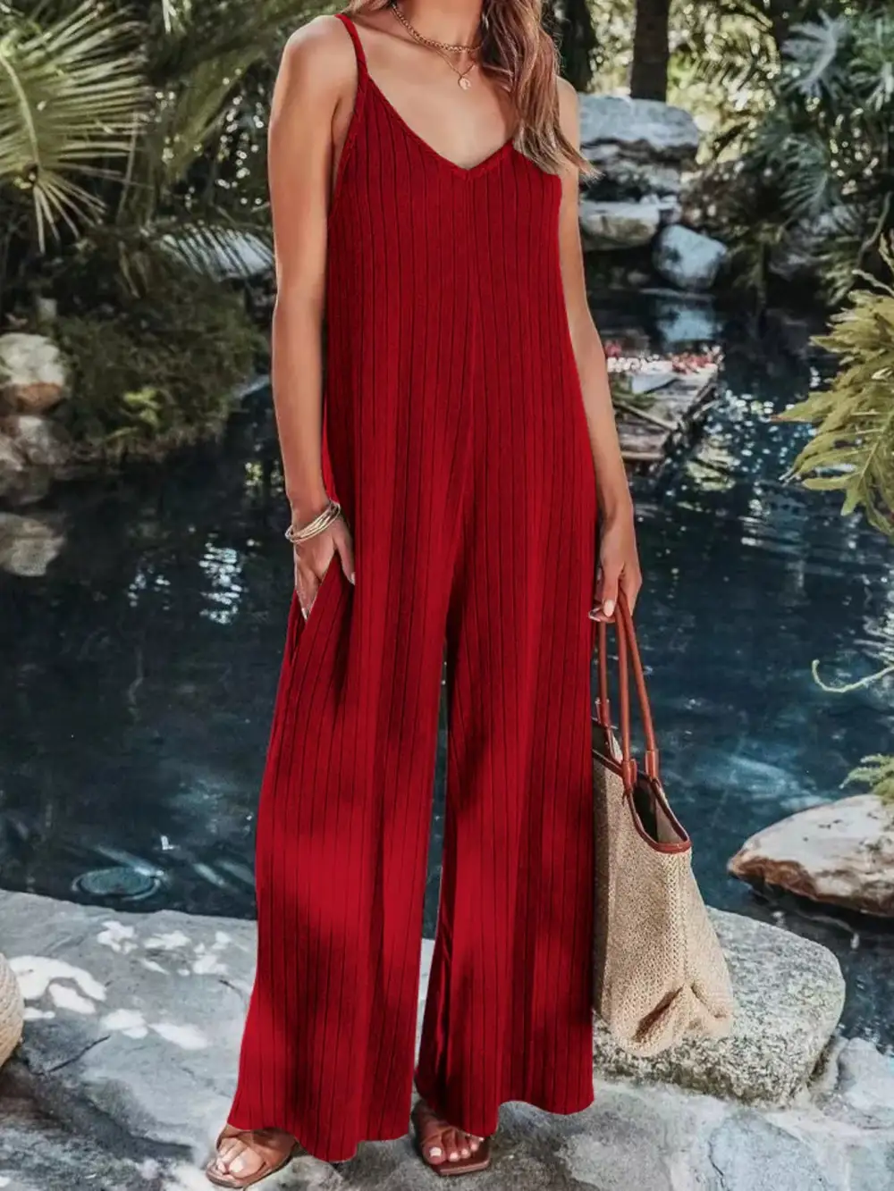 Ribbed V Neck Wide Leg Jumpsuit