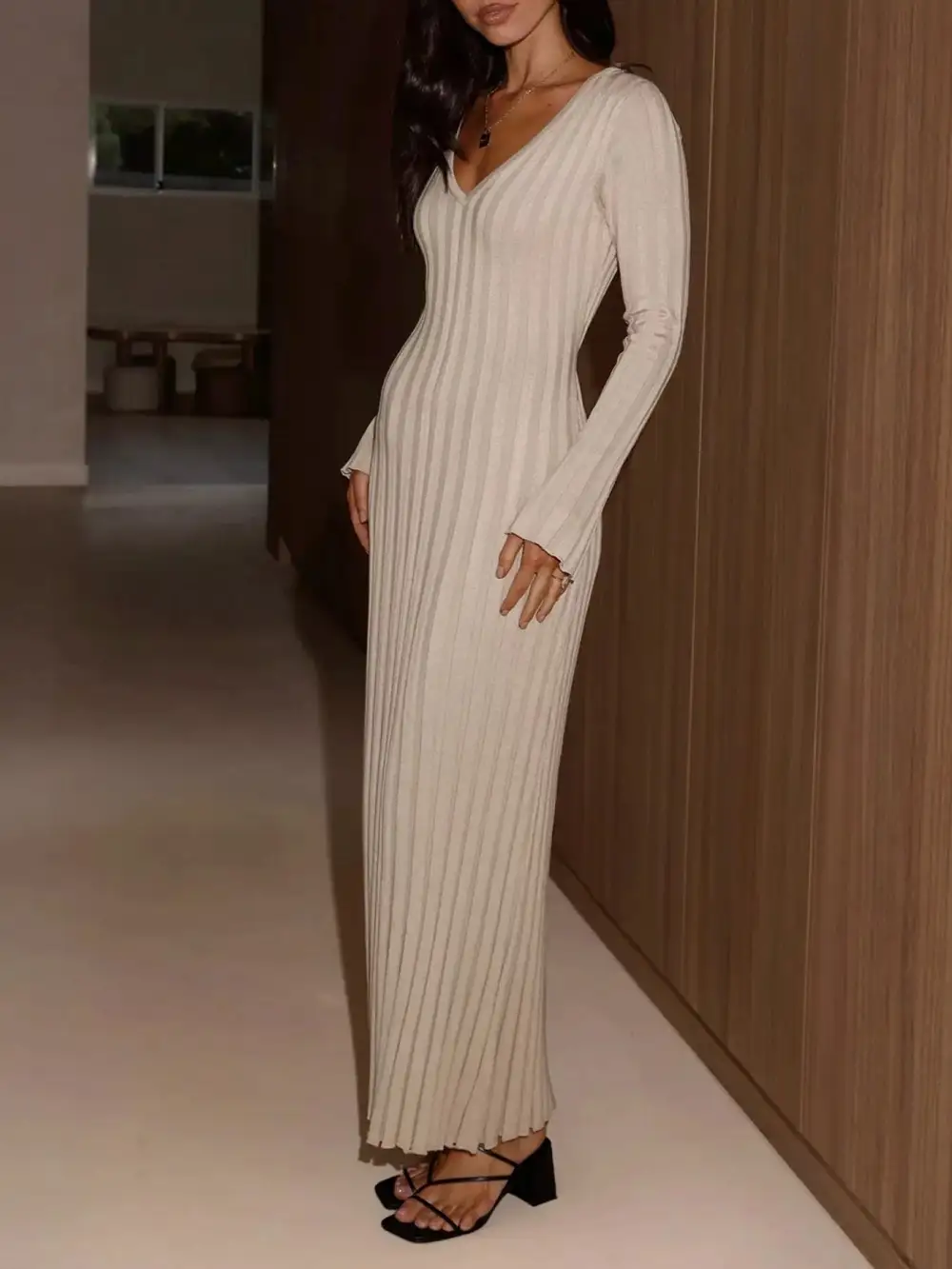 Ribbed Knit V Neck Maxi Dress
