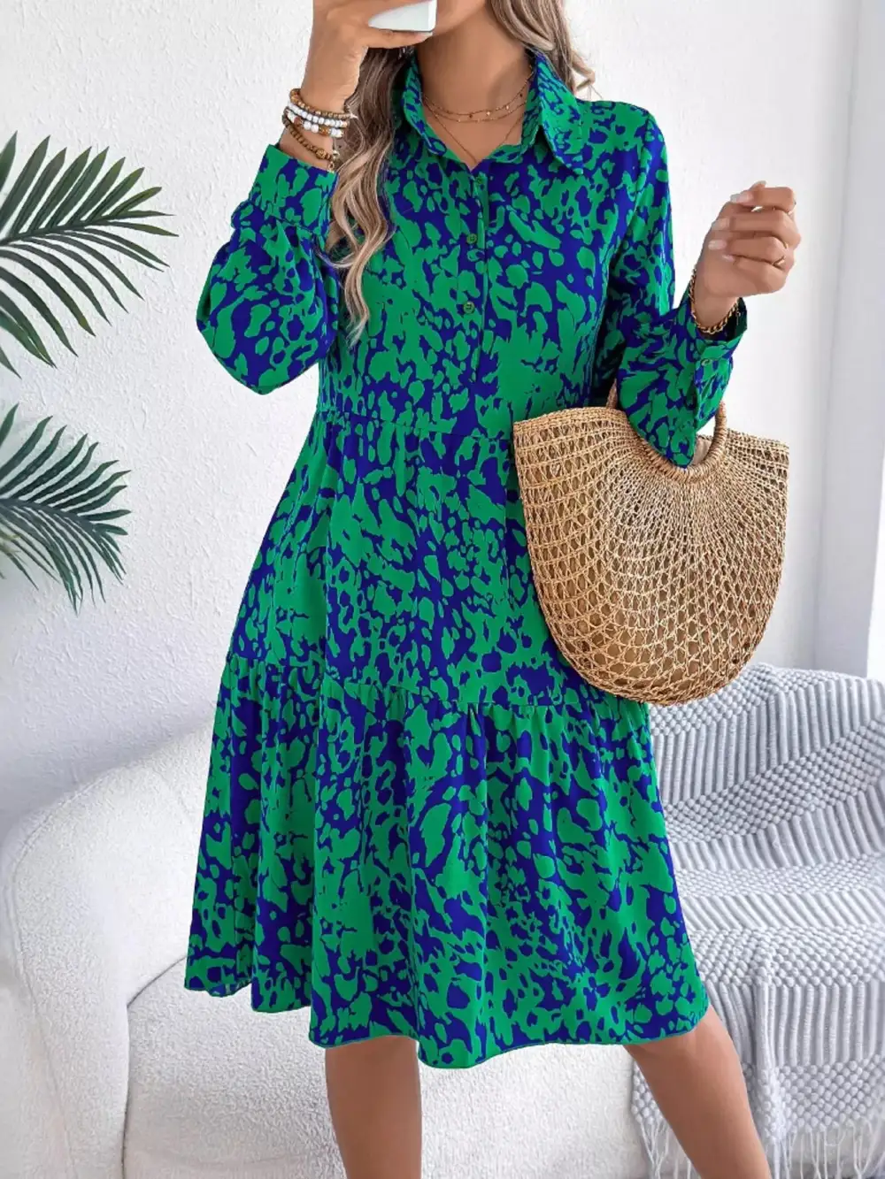 Printed Long Sleeve Collared Dress Casual