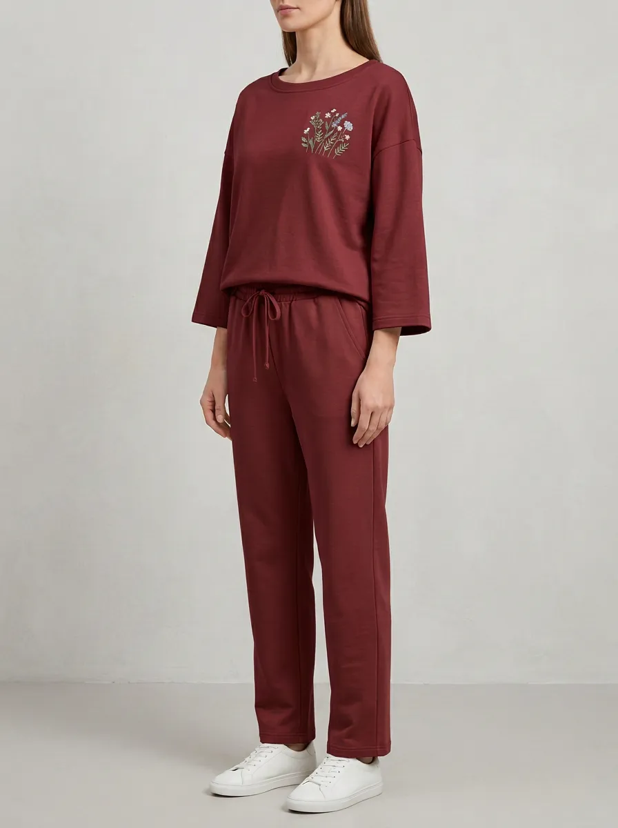 Women's Floral Embroidered Three-Quarter-Sleeve Crewneck Top And Drawstring Straight-Leg Trouser Lounge Set