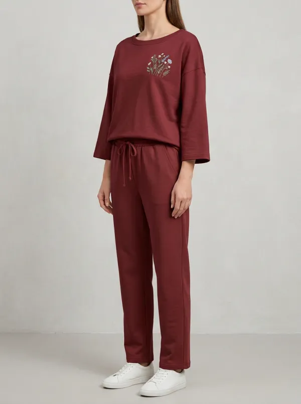 Women's Floral Embroidered Three-Quarter-Sleeve Crewneck Top And Drawstring Straight-Leg Trouser Lounge Set