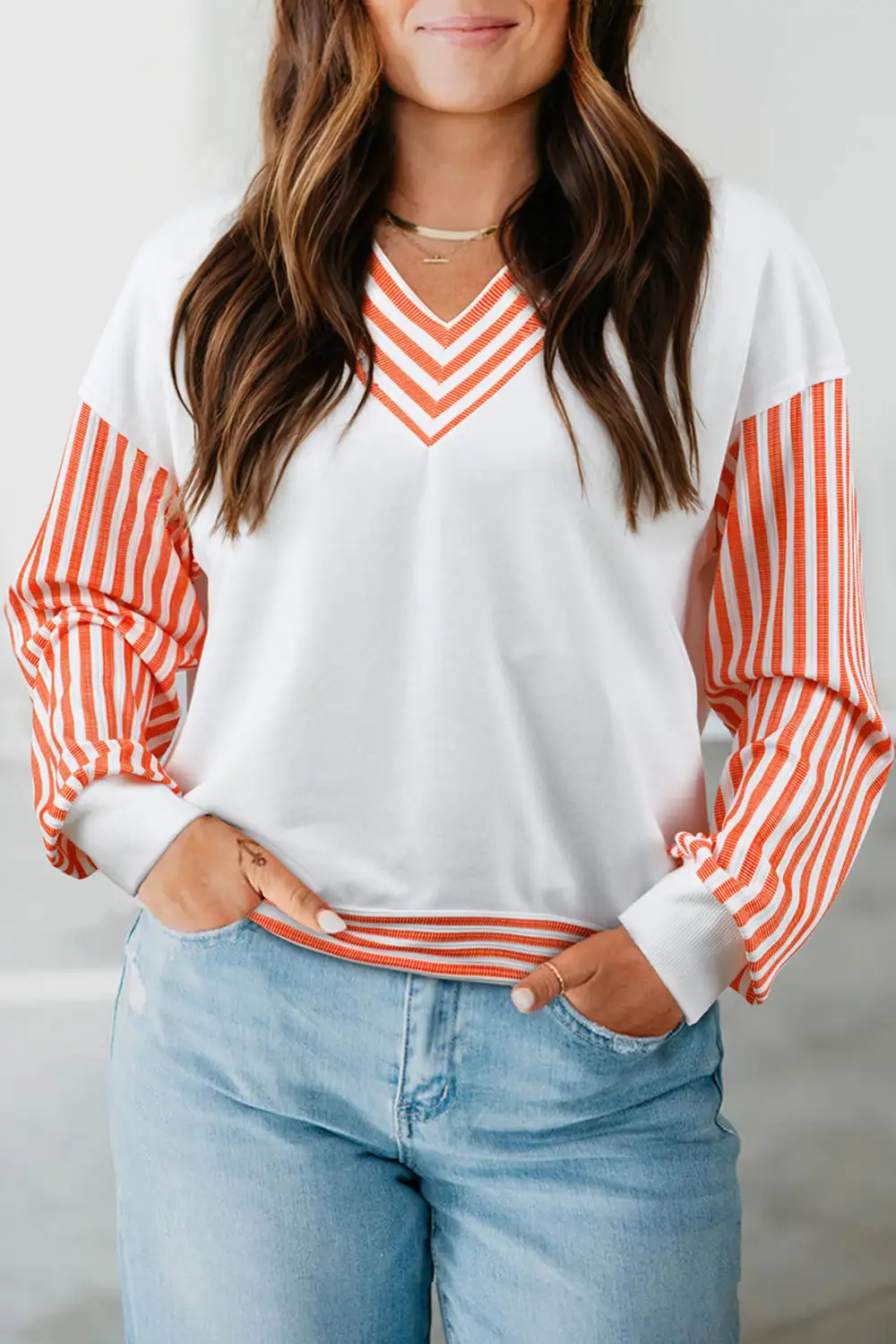 Striped V Neck Long Sleeve Women's Top