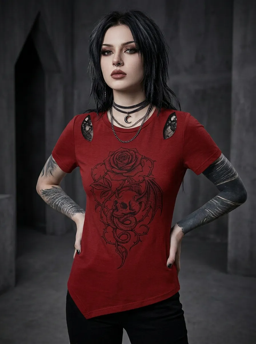 Underground Skull Rose Snake Style Women's Gothic T-Shirt