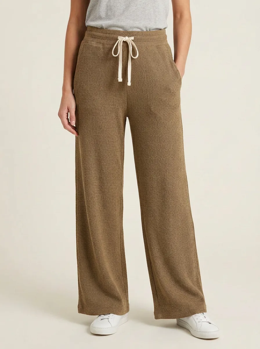 Women's Casual Lounge Waffle Knit Drawstring Wide Leg Pants