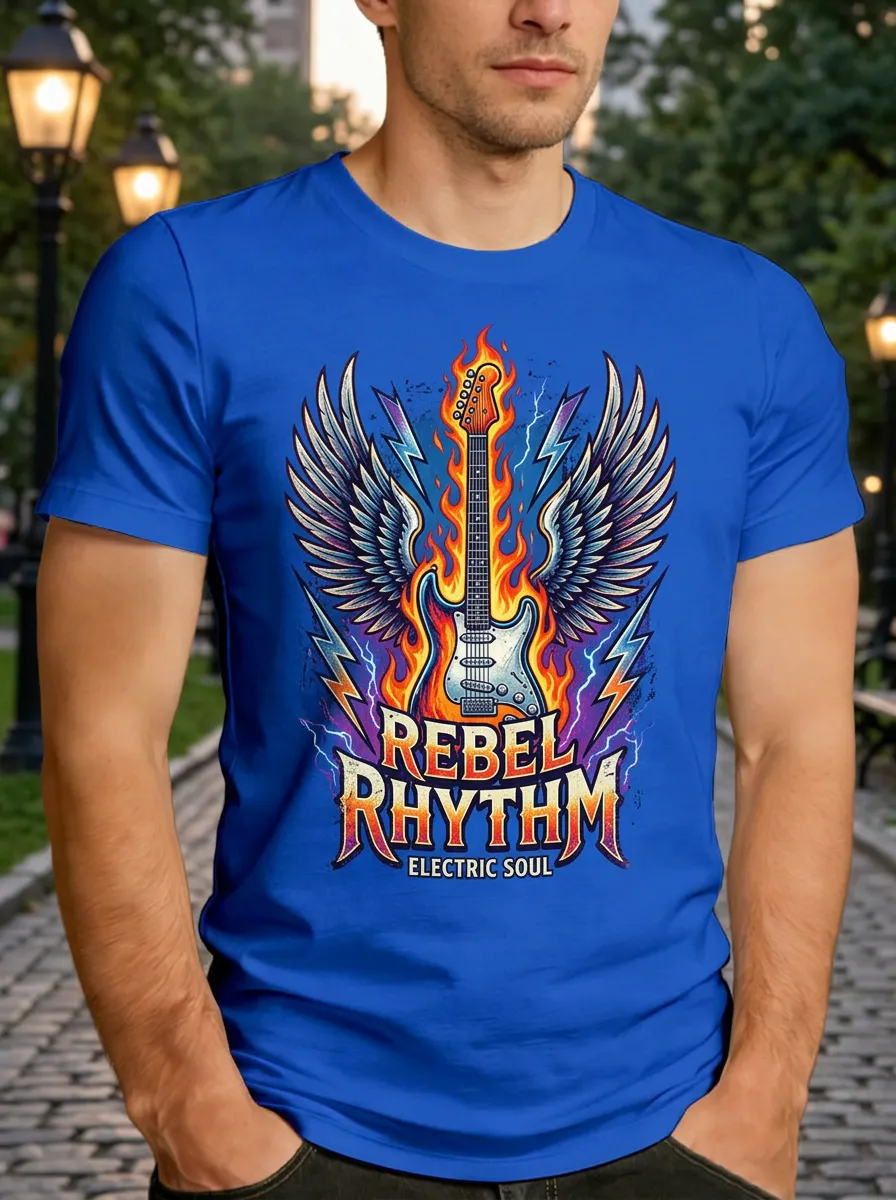 Men's Rock Music Lover Flaming Guitar Wings Printed T-shirt