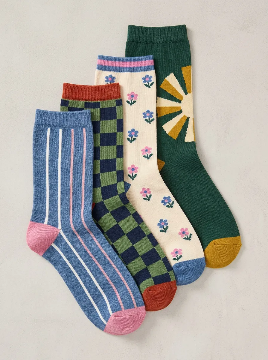 Checkerboard Floral Striped Retro Four-Pair Casual Socks