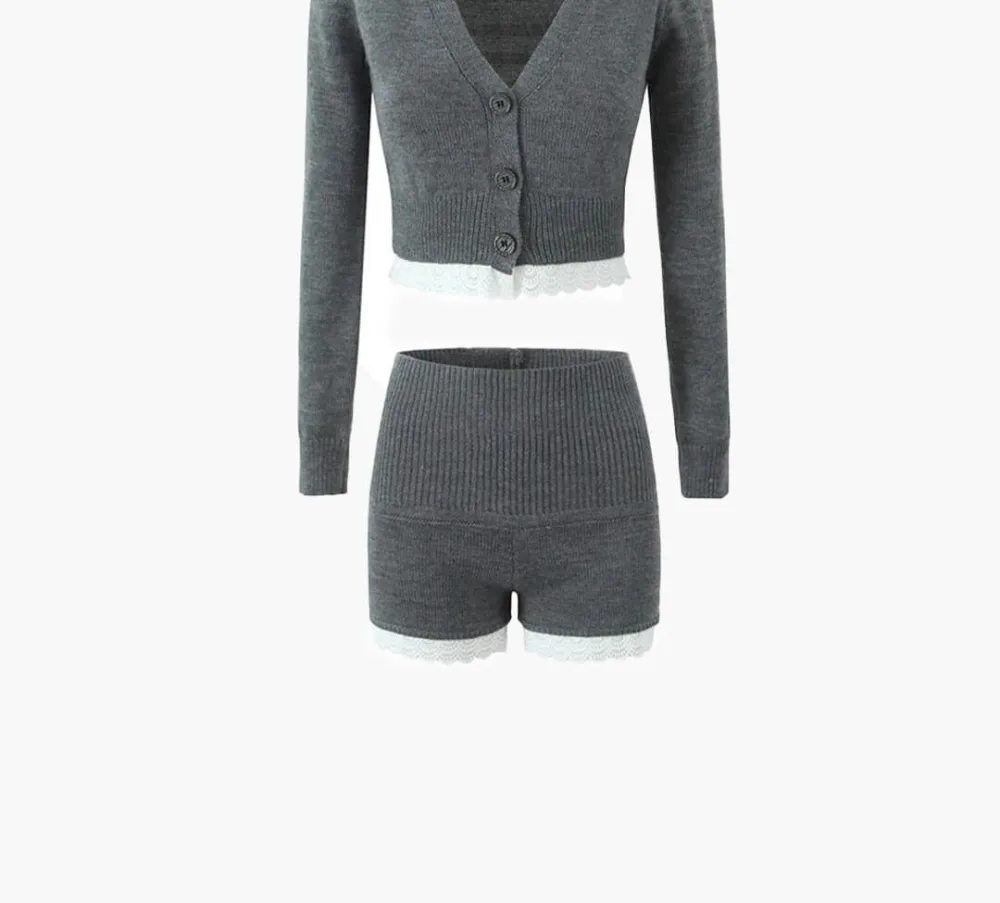 Lace Trim Cardigan & Shorts Set