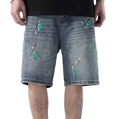 Relaxed Fit Paint Splatter Washed Denim Shorts