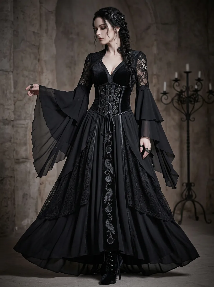 Dark Romantic Moon Raven Embroidered Punk Look Women's Gothic Dress