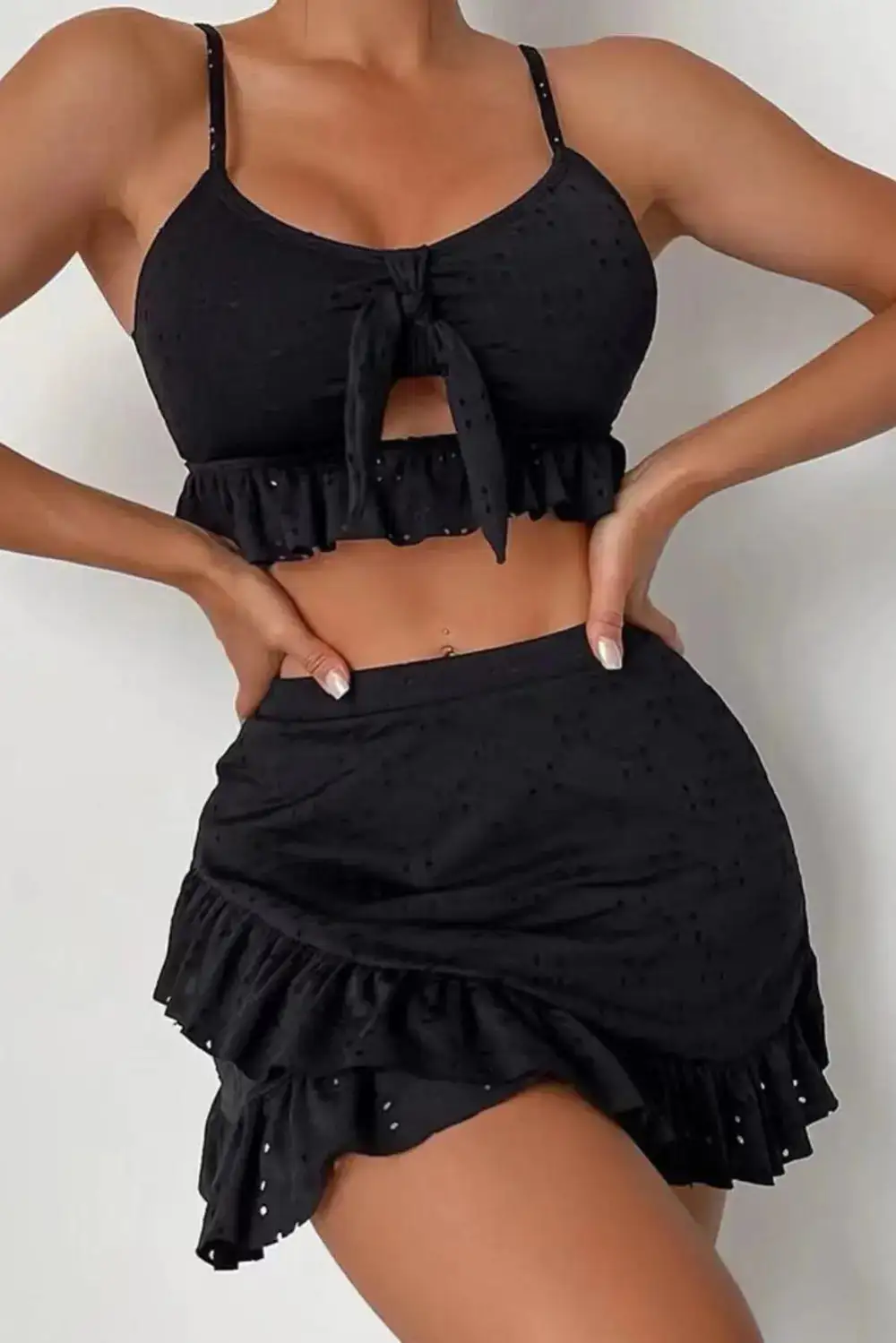 Eyelet Pattern Knotted Ruffle Bikini Swim Set