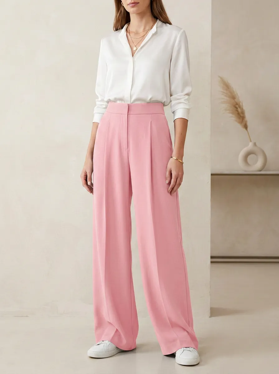 Pleated Minimal Women's Wide-Leg Trousers