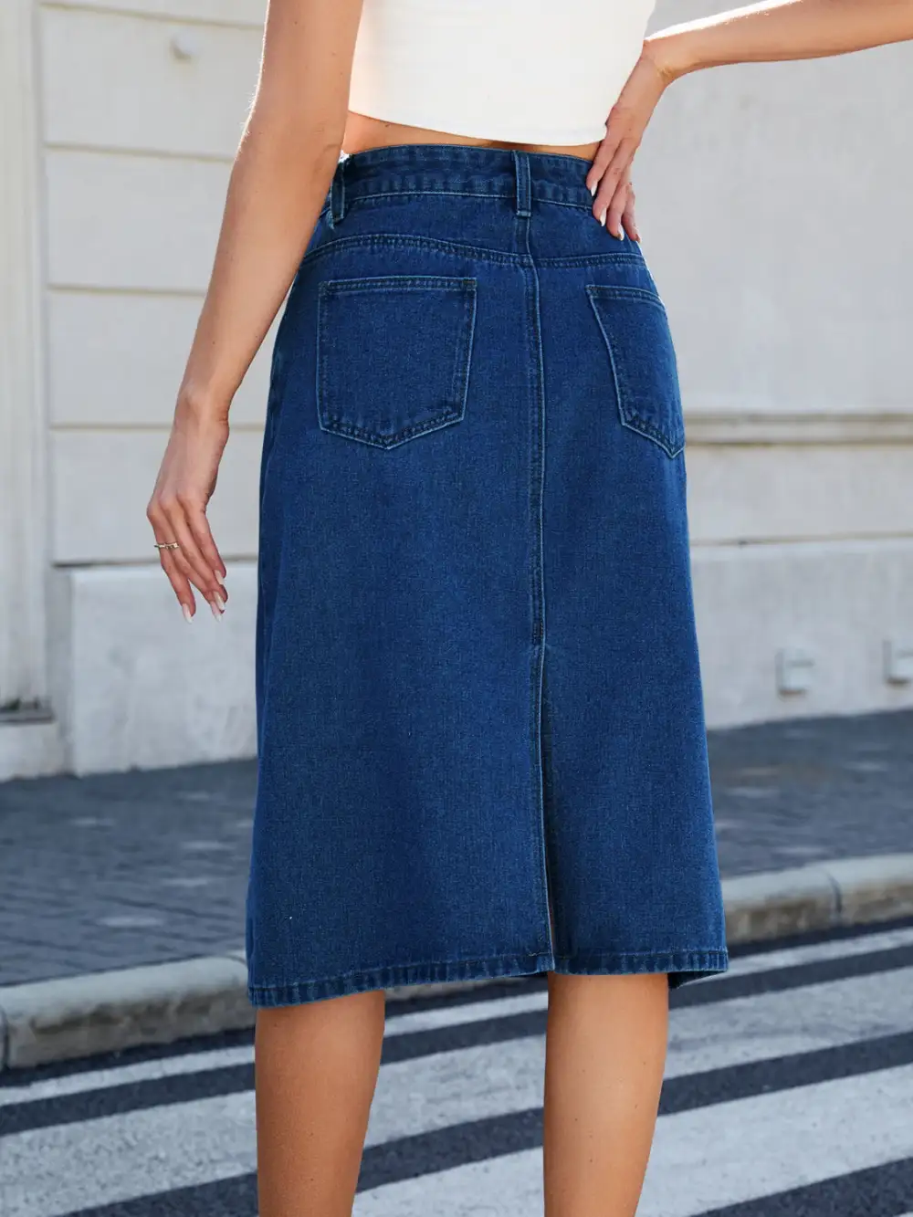 Denim Side Slit Midi Skirt