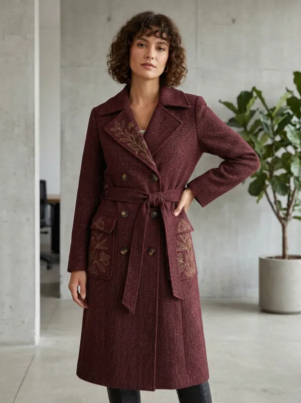 Women's Botanical Floral Embroidered Gray Herringbone Pattern Coat