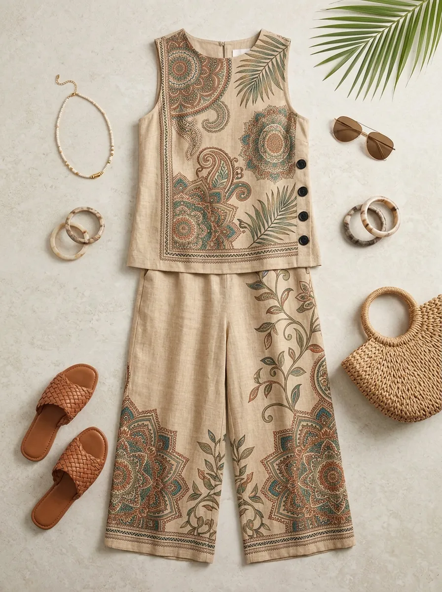 Women's Bohemian Paisley Floral Printed Sleeveless Set
