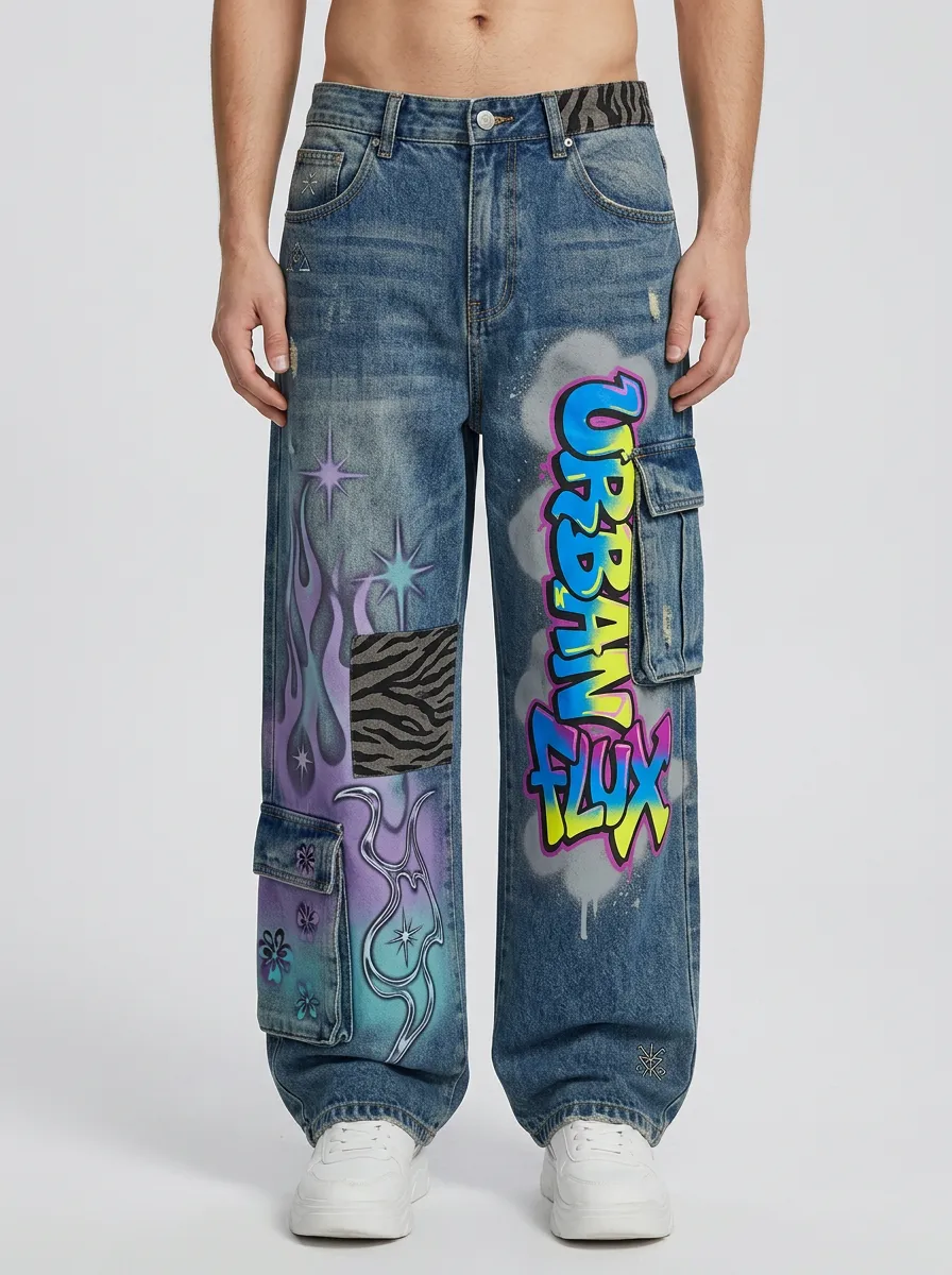 Men's Streetwear Urban Flux Graffiti Flame Graphic Cargo Jeans