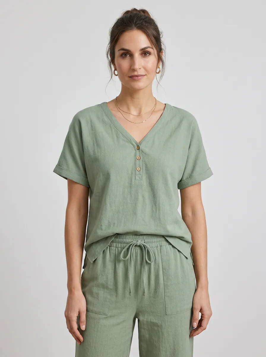 Button-Front Button-Down Women's V-Neck Shirt