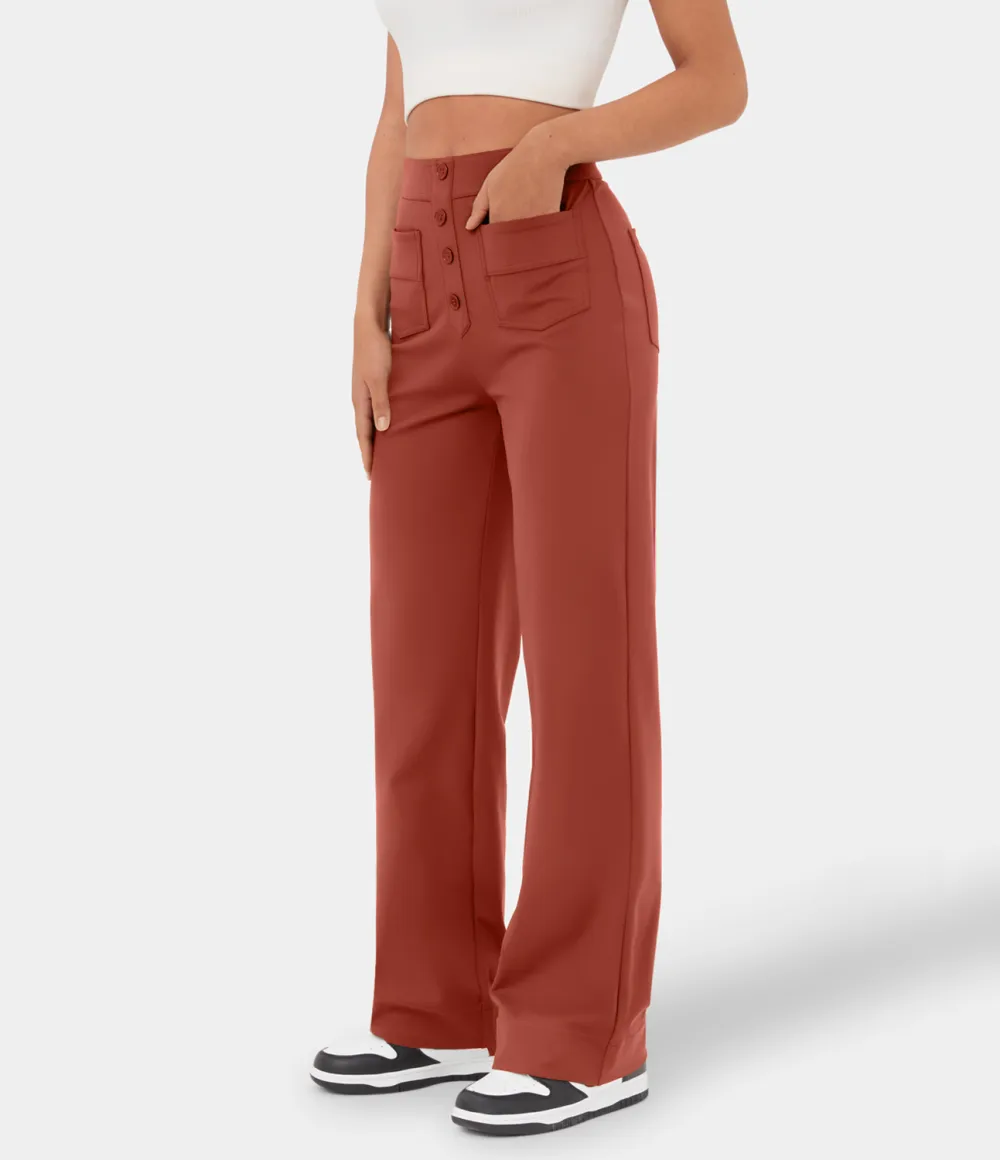 High Waisted Button Multiple Pockets Straight Leg Casual Pants