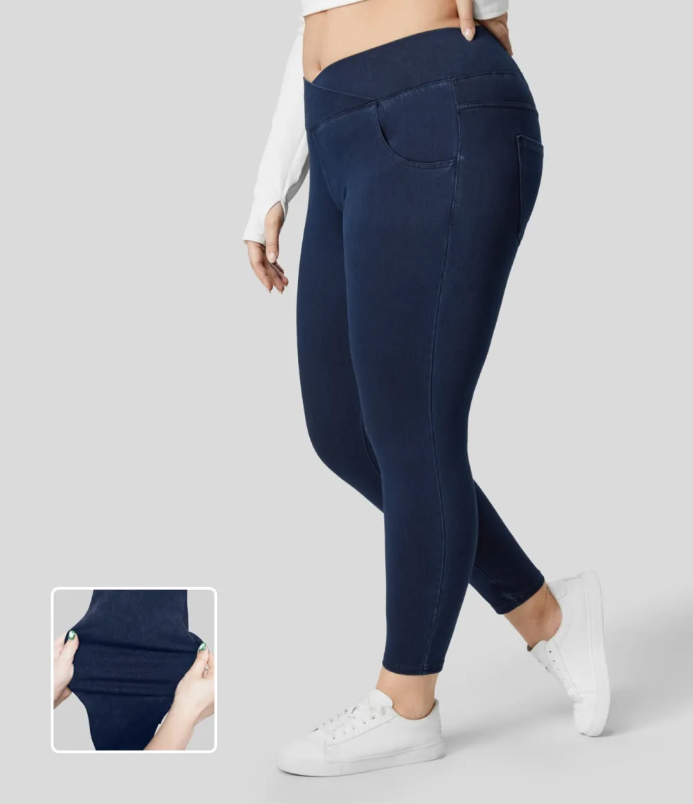 Magic High Waisted Crossover Multiple Pockets Stretchy Knit Denim 7/8 Plus Size Work Leggings