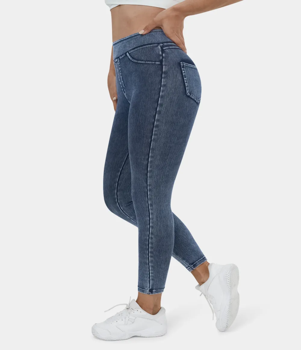 Magic High Waisted Back Side Pocket Stretchy Knit Denim Plus Size Casual Leggings