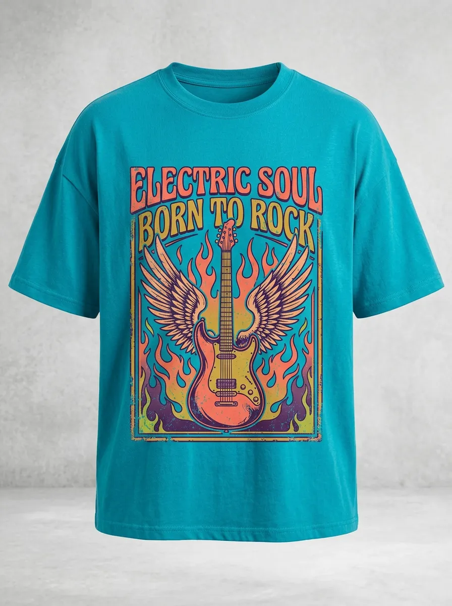 Unisex Rock Music Lover Winged Guitar Flame Printed T-shirt