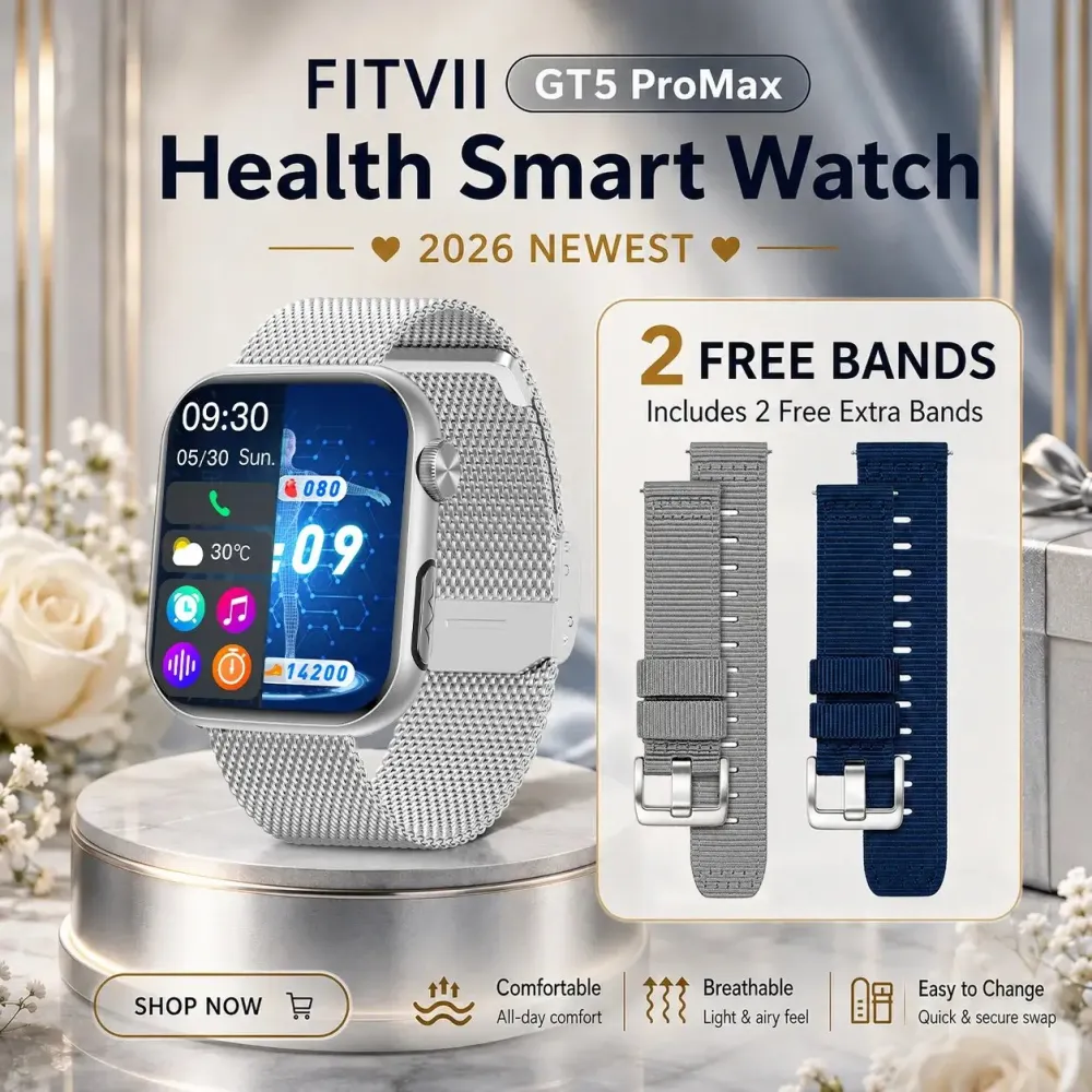 Upgrade FITVII® GT5 Pro Max Blood Pressure Smartwatch with EKG, Glucose Trends, HRV, SpO₂, Sleep & More