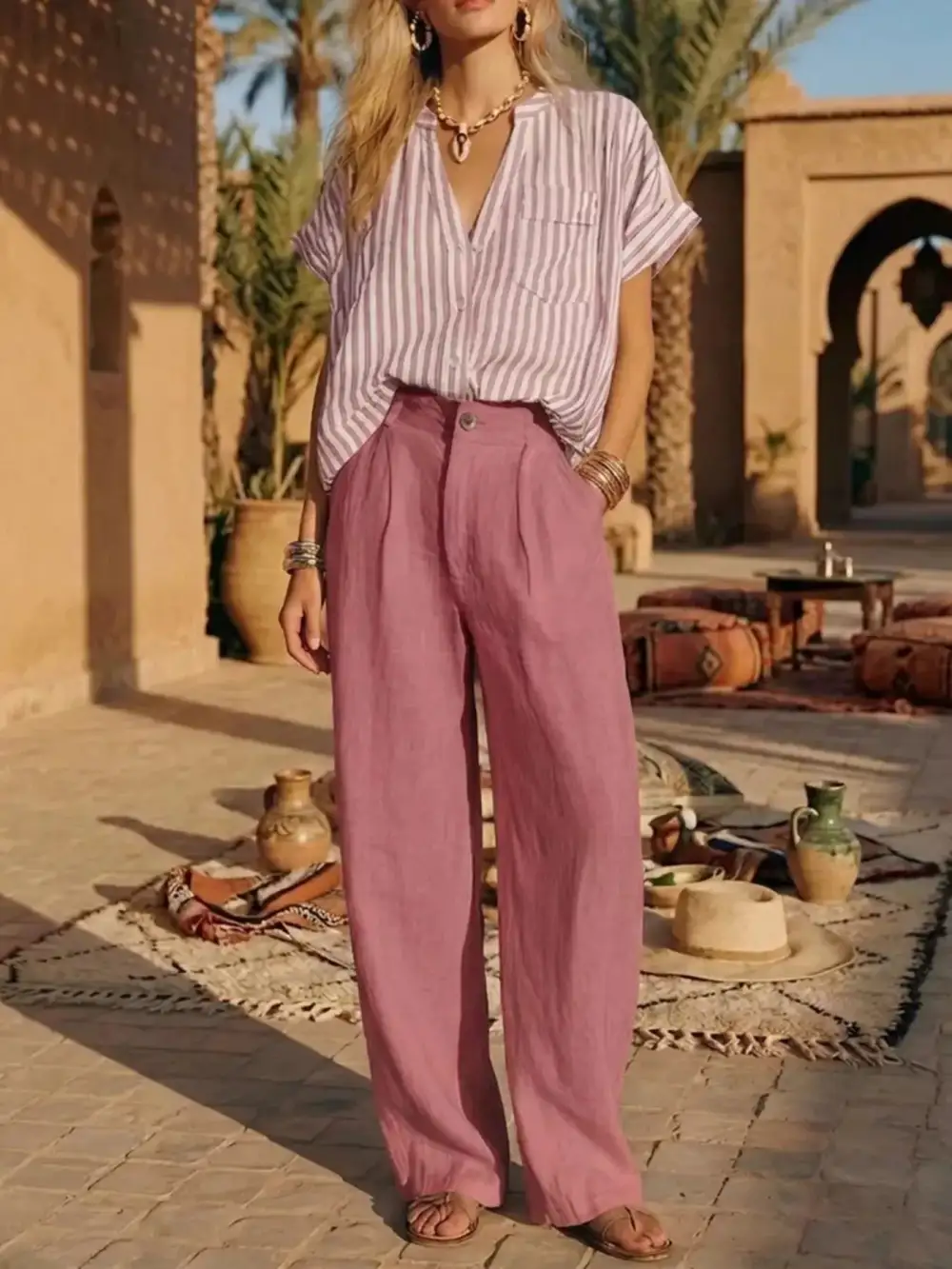 Full Size Striped Button Up Shirt and Pants Set