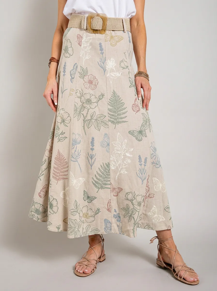 Women's Woven-Belt Botanical Butterfly Floral Printed Maxi Skirt