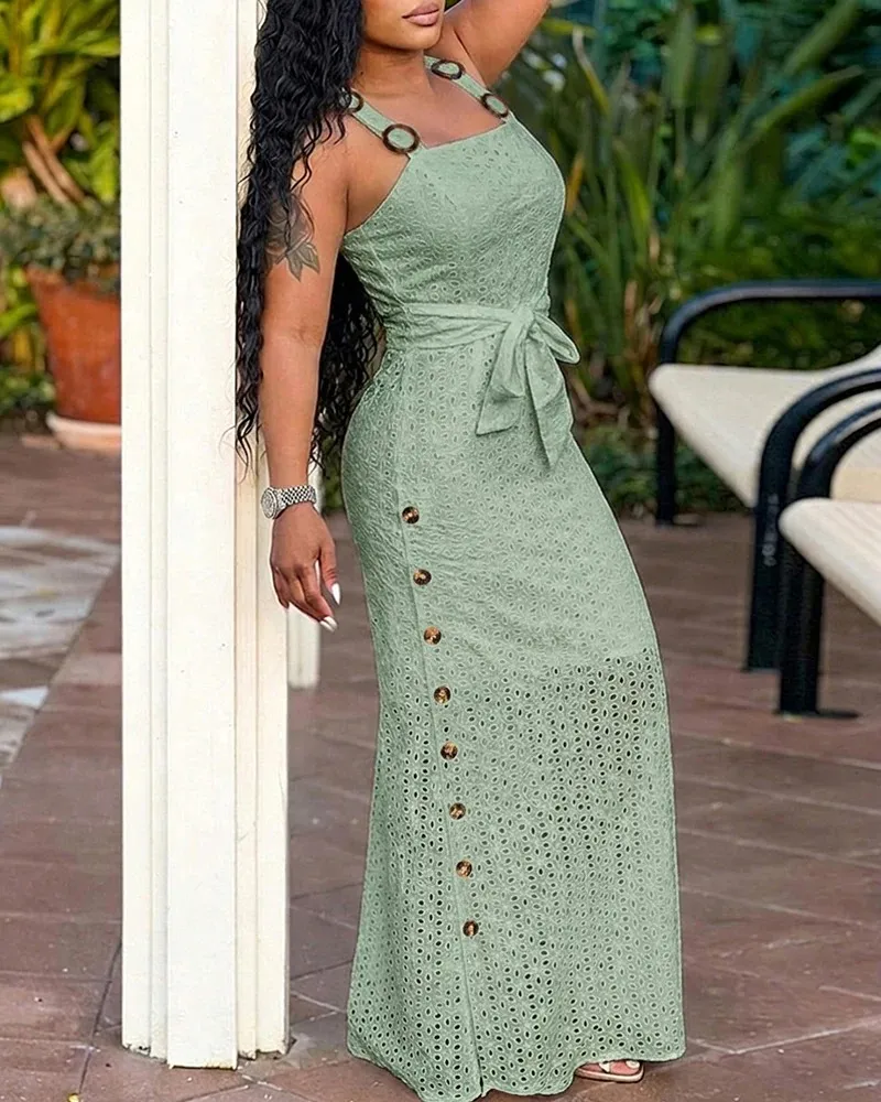 Women's open-back, side-slit embroidered spaghetti strap dress