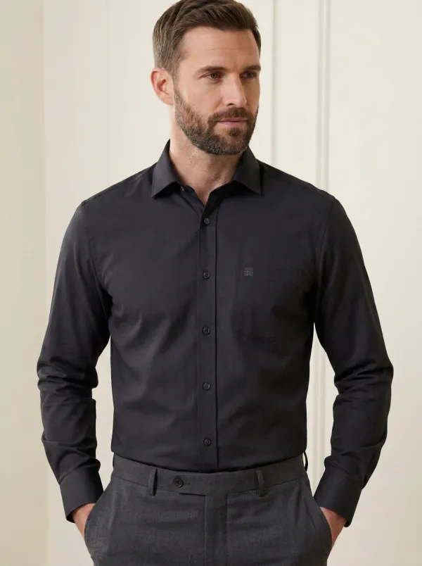 Men's Non-Iron Cotton Geometric Logo Embroidered Long Sleeve Shirt